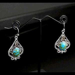 Vintage Bohemian Hollow Simulated Turquoise Water Drop Carved Dangle Earrings